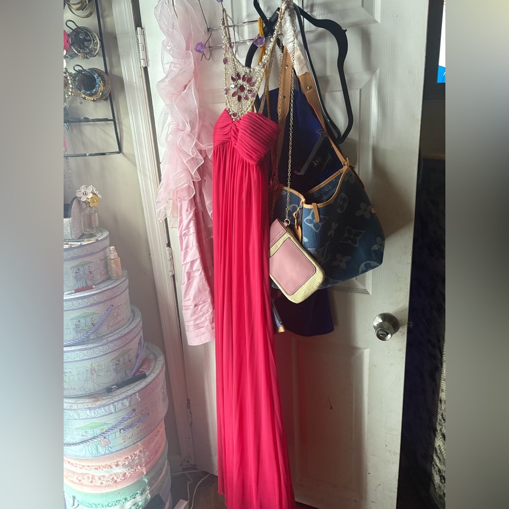 Aqua(brand) Strapless Fuchsia Pleated Empire Maxi Dress bedazzled neck line